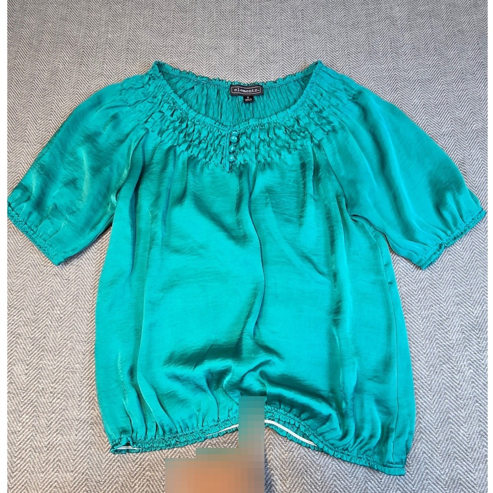 Elementz Teal Green Satin Smocked Neck Short Sleeve Blouse Small MPIU0121